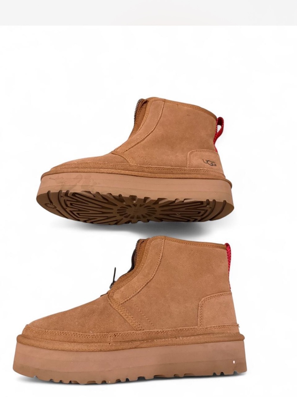 UGG Women Chestnut Suede Platform Zip Ankle Boot with Red Pull Tab
